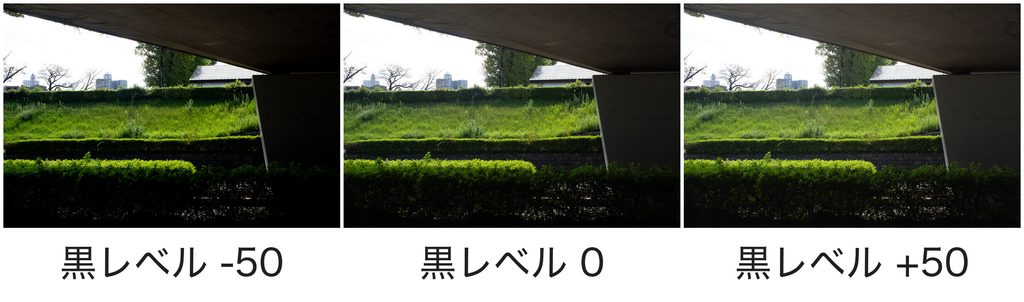 同じ写真の黒レベルを左から-50、0、+50に変更した3枚の比較画像
