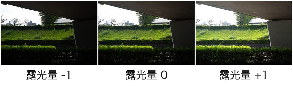 同じ写真の露光量を左から-1.00、0、+1.00に変更した3枚の比較画像