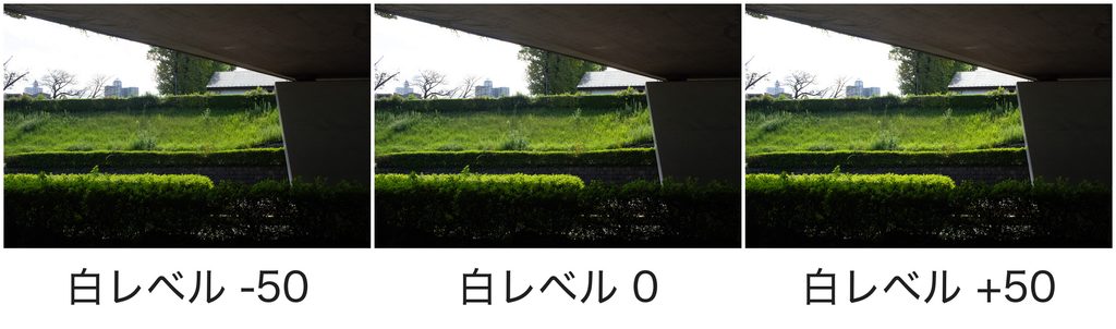 同じ写真の白レベルを左から-50、0、+50に変更した3枚の比較画像